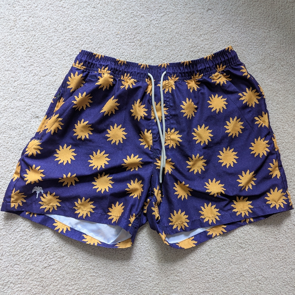 OAS Navy and Yellow Sun Pattern Swim Trunks
